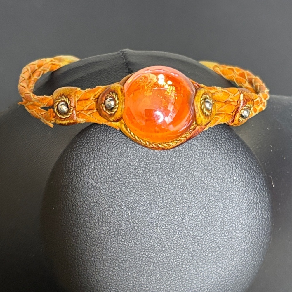 WOMEN’s Orange Braided LEATHER BRACELET Glass Accents Jewelry Boho